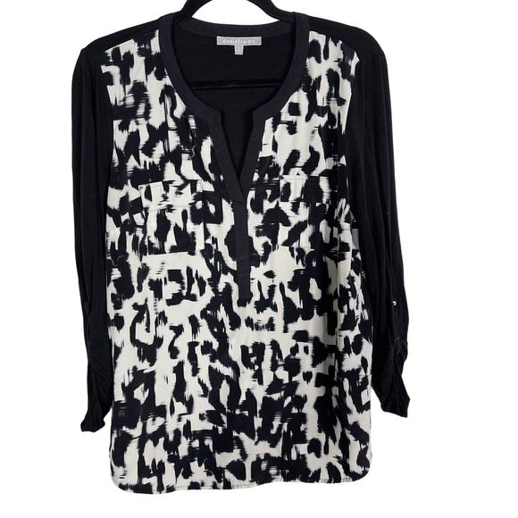 Daniel Rainn Medium M Black White Abstract Long Sleeve Printed Blouse VNeck - Picture 1 of 8